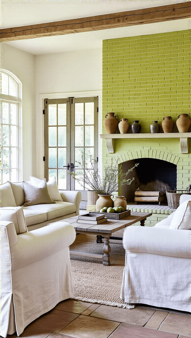 Airy farmhouse great room with lime-washed brick fireplace, Belgian linen sofas, antique French doors leading to garden, vintage olive jars with dried botanicals, and mixed metal finishes; decorated in soft whites, natural stones, and aged metals.