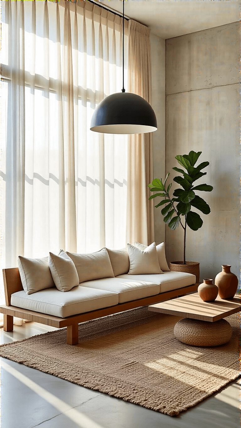 Serene living room with floor-to-ceiling windows, golden hour sunlight filtering through sheer curtains, a low-profile teak platform sofa on a jute rug, matte black pendant light, concrete accent wall, minimalist earthy-tone decor, and a potted fiddle leaf fig.