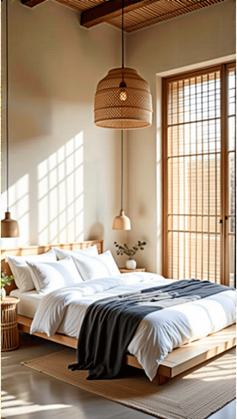 Neutral-toned bedroom with a platform bed, rattan pendant light casting shadows on textured walls, ceramic side tables with brass lamps, and bamboo window screens creating ethereal light.