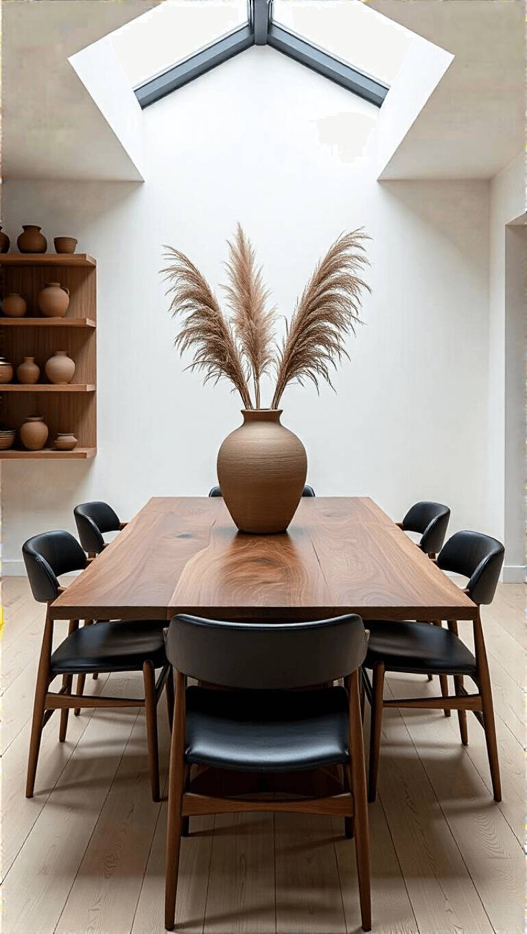 Overhead view of a modern dining space with skylight, walnut dining table, black bentwood chairs, and a large ceramic vase with pampas grass, under the interplay of natural and artificial light.