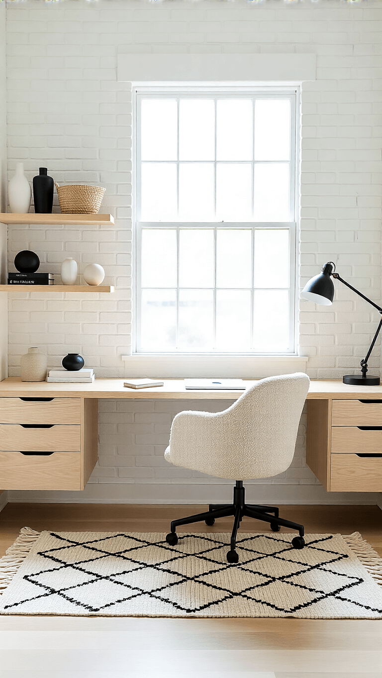 Minimalist home office with ash wood desk, open shelving, and ergonomic chair under diffused afternoon light