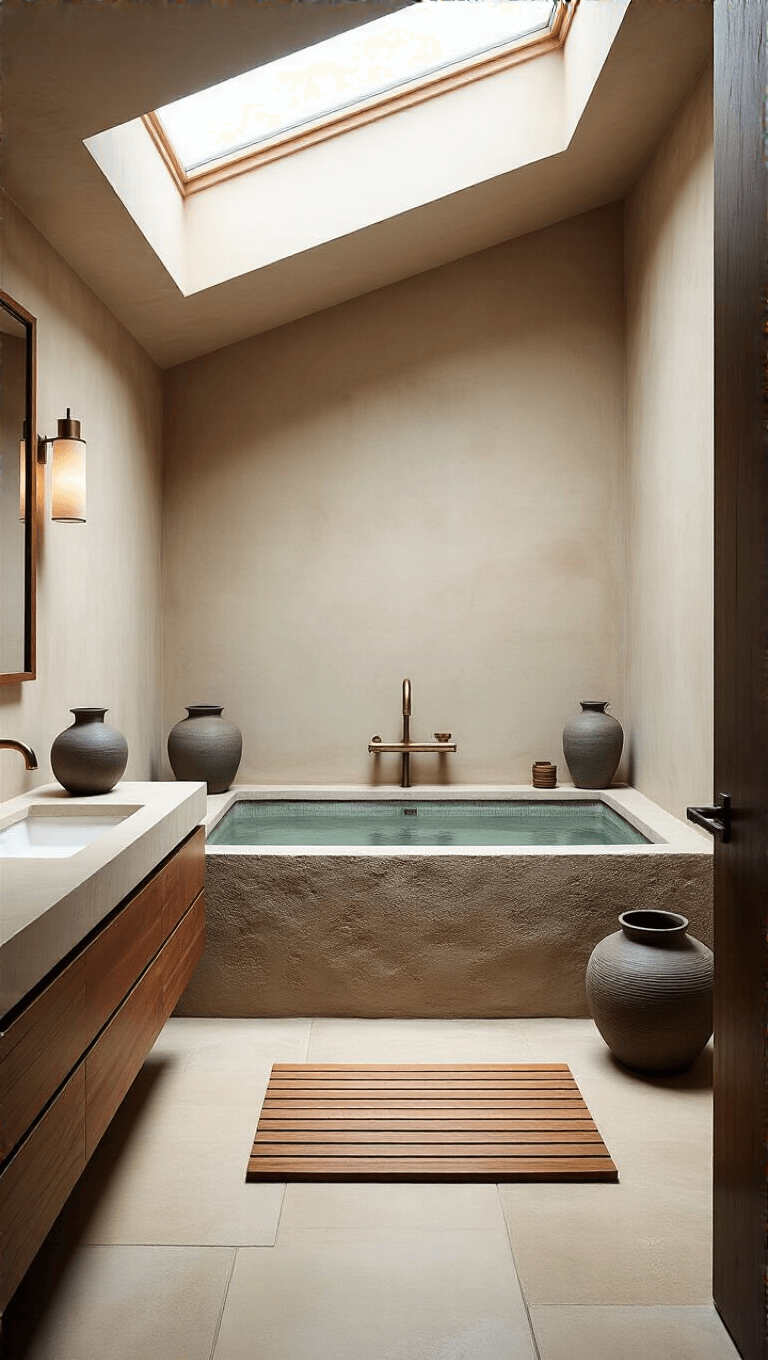 Zen-inspired bathroom with a stone soaking tub, teak floor mat, and floating vanity against a clay wall, with ceramic vessels, skylights, and brass fixtures creating a tranquil, spa-like ambiance.