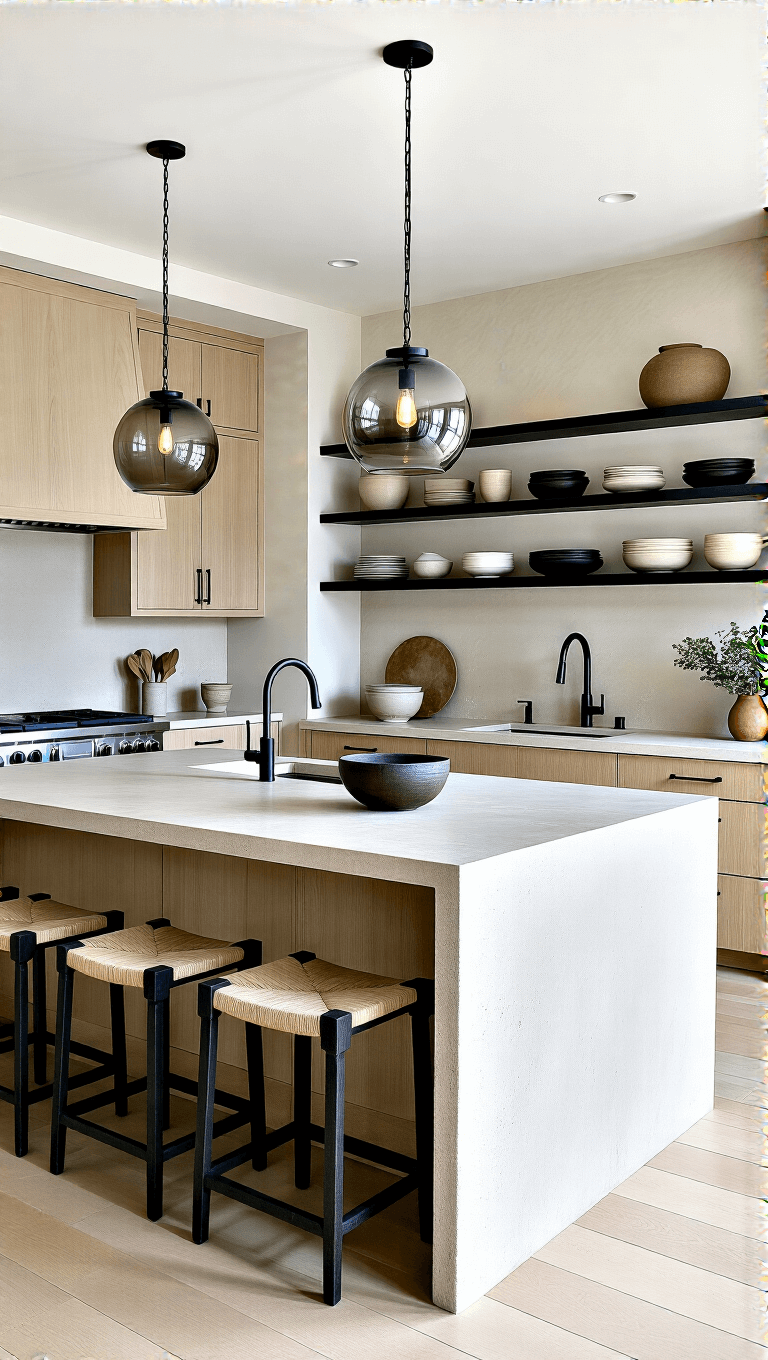 Minimalist kitchen with honed limestone waterfall island, bleached oak cabinets, blackened steel open shelving, and smoked glass pendant lights showcasing ceramic dinnerware display