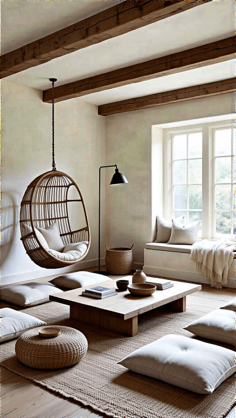 Airy multipurpose room with wooden beams, linen floor cushions, low oak coffee table, rattan chair, metal floor lamp, wool throw and woven baskets creating a feel of casual elegance.