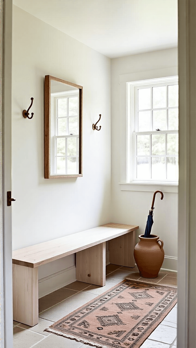 Minimalist whitewashed 8x9ft entryway featuring a built-in pine bench, brass coat hooks, ceramic umbrella stand, a large mirror reflecting natural light, and limestone flooring complemented by a vintage runner