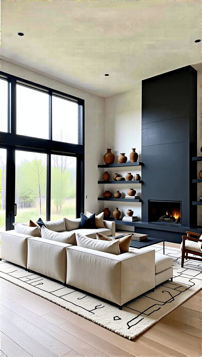 Contemporary living area with high windows, oatmeal linen sofa, black steel fireplace, abstract patterned wool rug, pottery collection on floating shelves, viewed from mezzanine level with dramatic lighting.