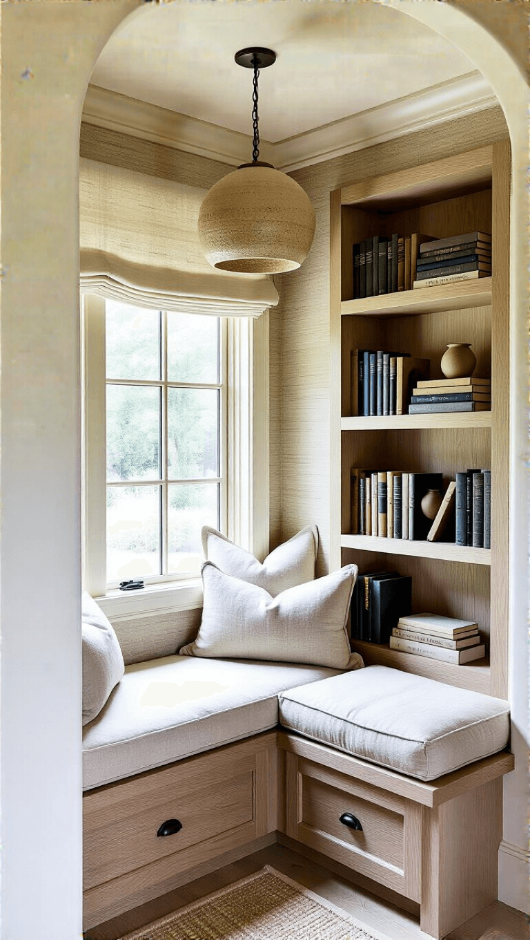 Meditative reading nook with curved architecture, natural linen window seat, pale oak bookshelf with books, ceramic pendant light, and grasscloth wallcovering