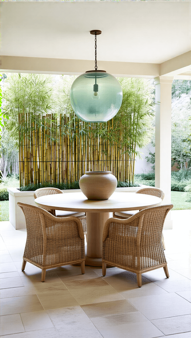 Sunlit breakfast area with garden views, featuring a round bleached maple table, woven rush chairs, an oversized ceramic planter with bamboo, handblown glass pendant light, and textured limestone flooring.