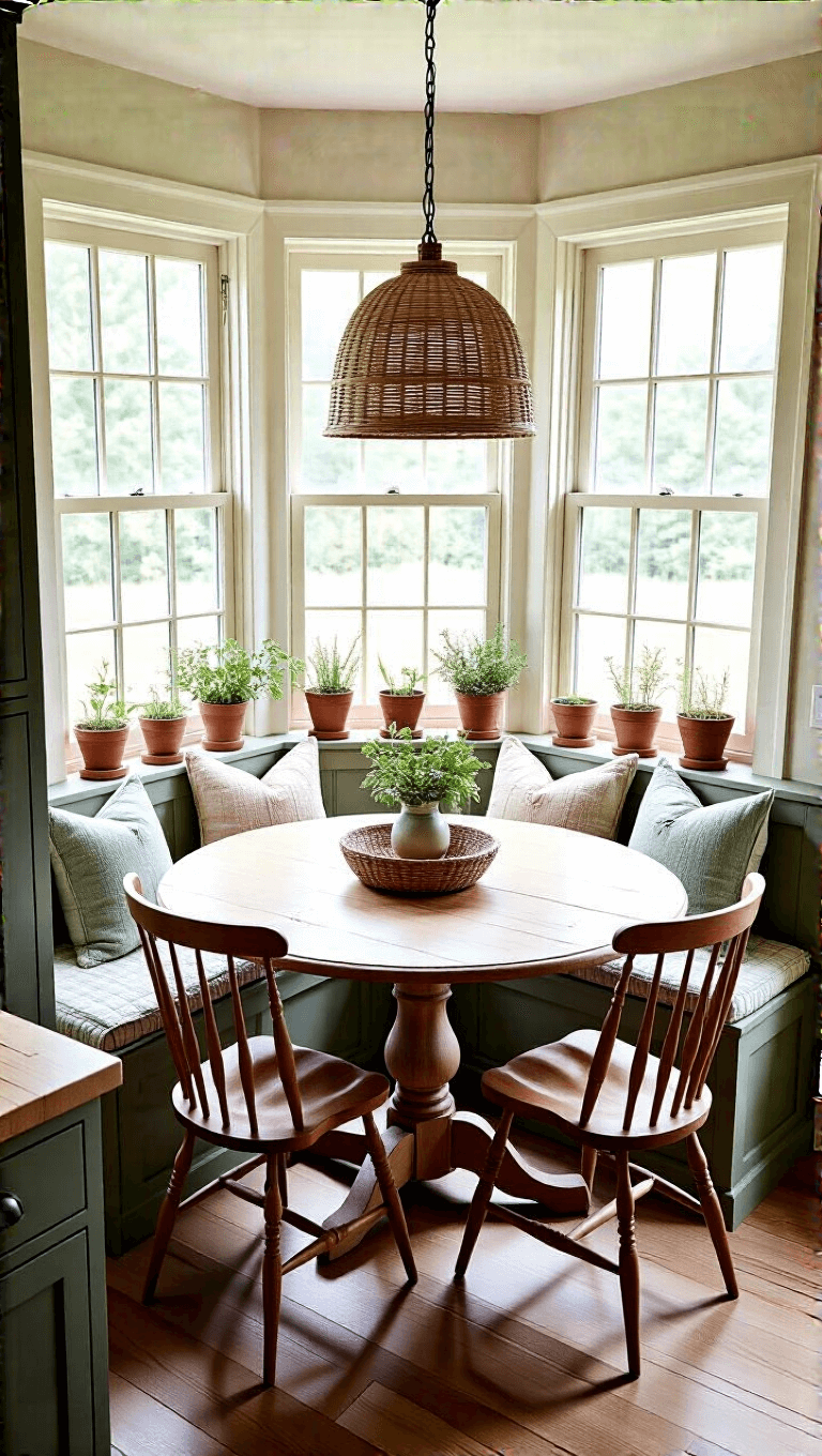 Overhead view of a farmhouse kitchen dining nook at midday featuring a round table, sage green Windsor chairs, vintage quilts over bench seating, terracotta herb pots on windowsills and a woven basket pendant light.