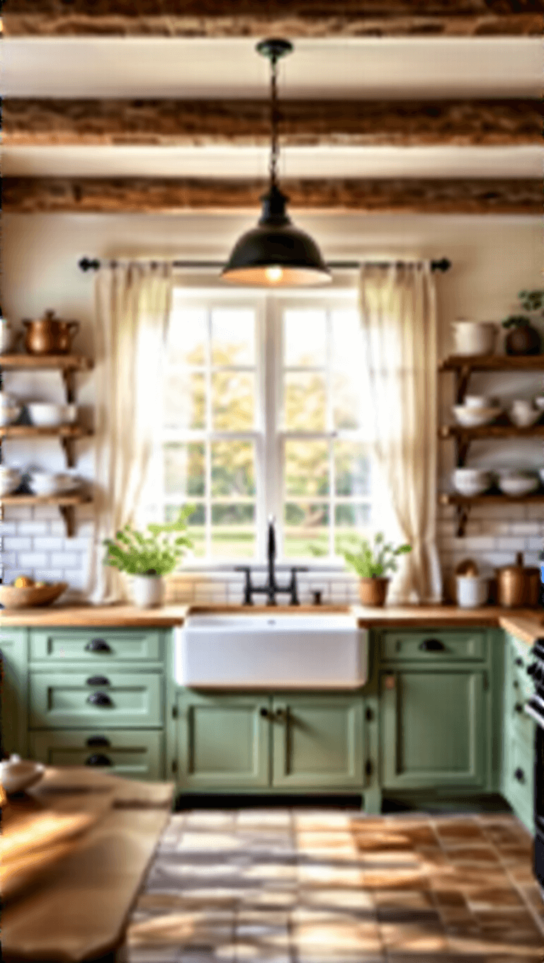 A warm and inviting farmhouse kitchen at golden hour, featuring exposed wooden beams, a large white apron sink under a sunlit window with linen curtains, a sage green kitchen island with a weathered oak top, open shelving with white ironstone and vintage copper pots, and matte black hardware.