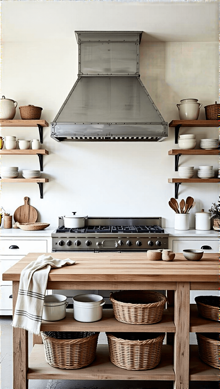 Industrial-style kitchen featuring a zinc range hood, white oak butcher block island, vintage enamelware on metal shelving, grain sack towels and woven market baskets under soft overhead and task lighting.