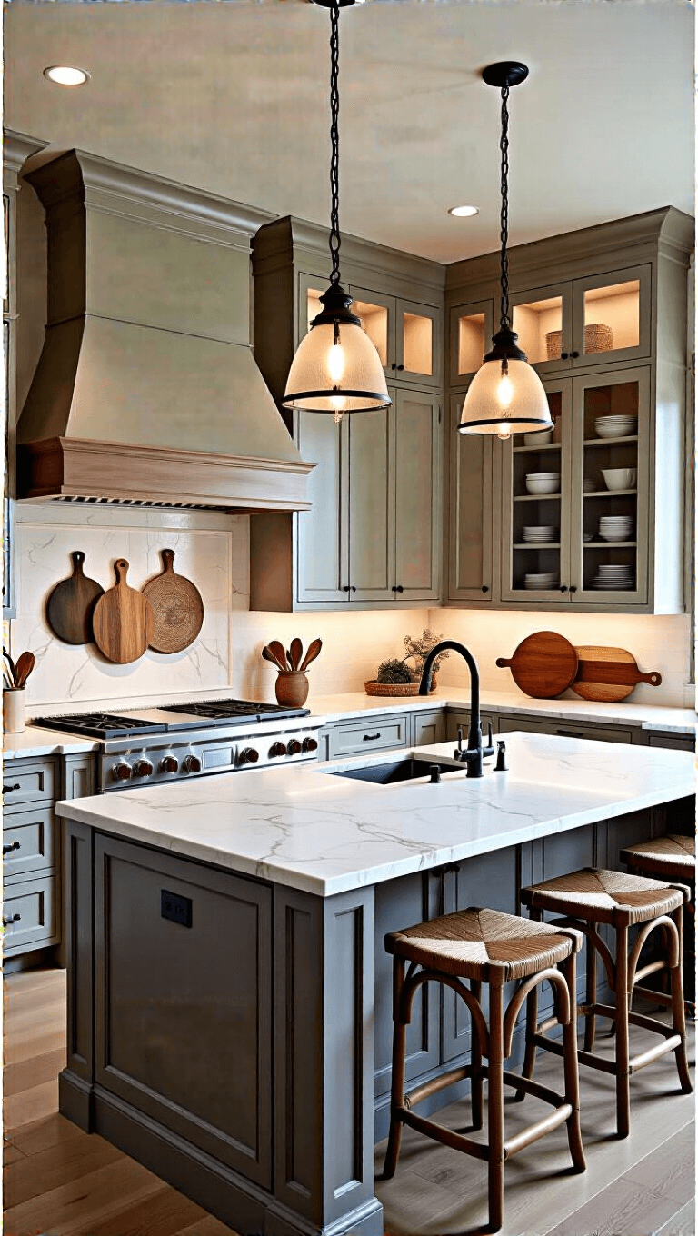 Twilight-lit transitional farmhouse kitchen showcasing a large island with marble waterfall edges, vintage-style pendants above, closed and open storage including glass-front cabinets, decorative cutting boards as wall art, and layered lighting.