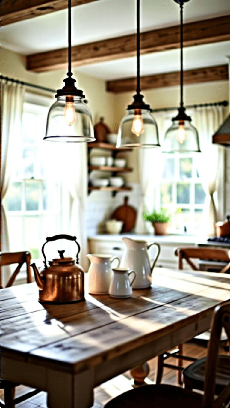 Sunny farmhouse kitchen with exposed beams, beadboard ceilings, mason jar pendant lights above a reclaimed wood dining table, and vintage copper kettle on open shelving, shot from the entrance with warm, natural backlighting.