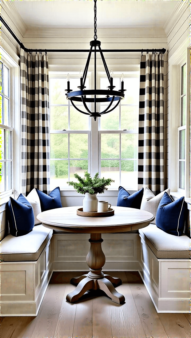 Morning light filtering through buffalo check curtains on floor-to-ceiling windows in a corner breakfast nook, highlighting drama of the black iron chandelier over a weathered oak pedestal table, built-in bench with ivory cushions, navy stripe pillows, vintage enamelware on open shelves, and shiplap detail on a pure white ceiling.