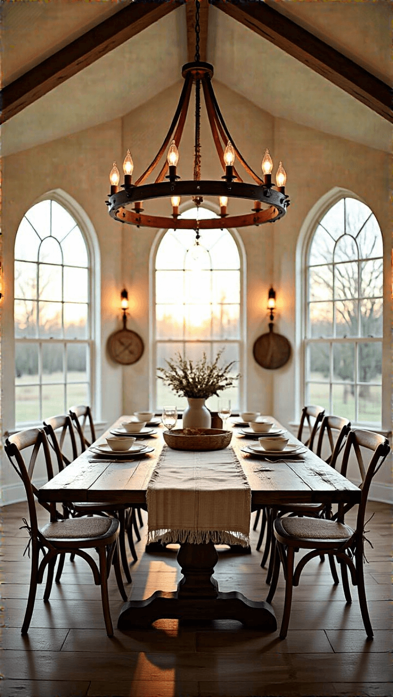 Cozy dining area with cathedral ceiling, wagon wheel chandelier and golden hour light illuminating a farmhouse table, surrounded by white chairs, with antique bread boards and a vintage grain sack runner.