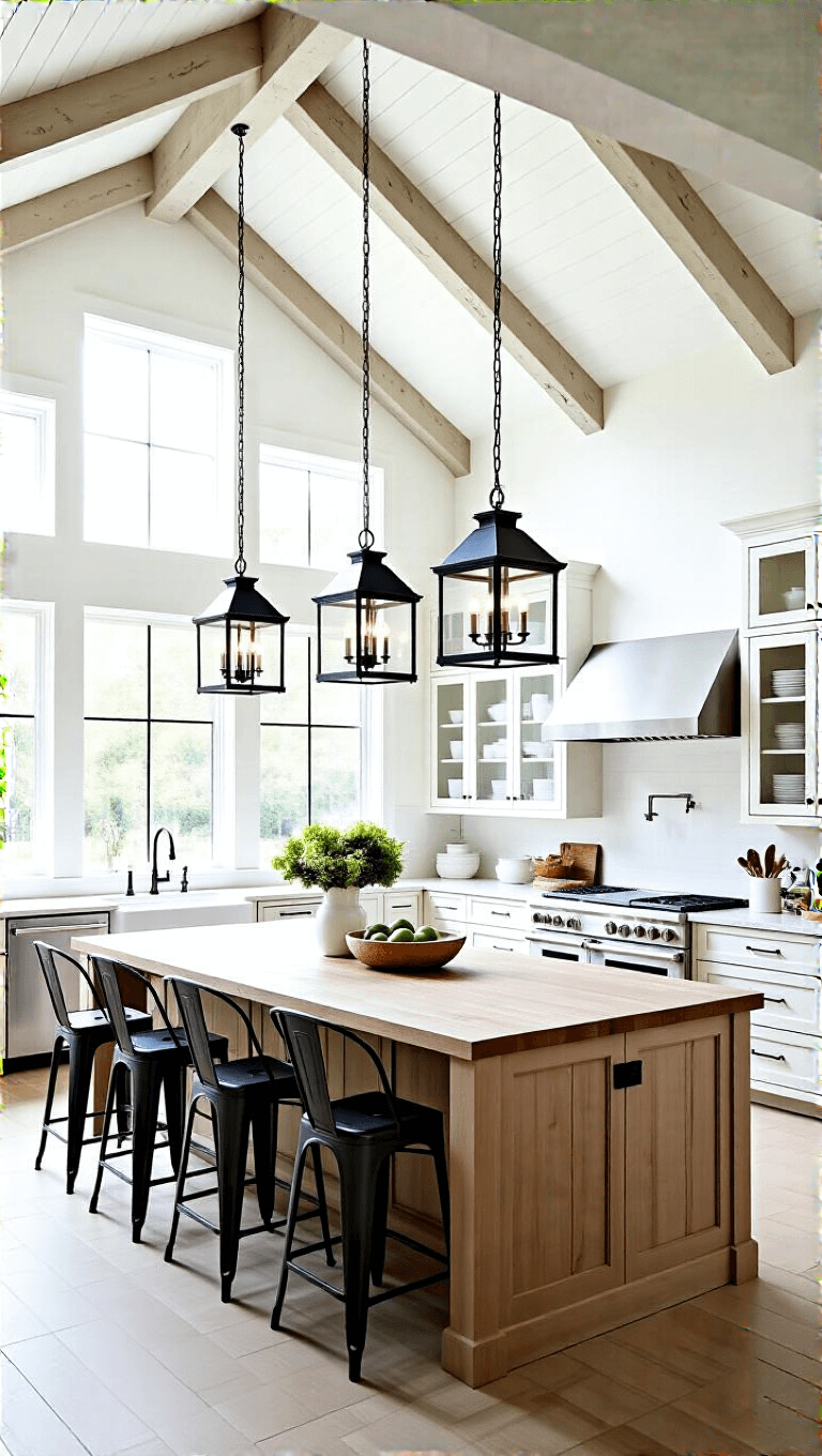 Spacious open concept kitchen-dining area with whitewashed trusses, black lantern-style pendants, natural pine harvest table, white cabinets with ironstone collection, and industrial-style bar stools under morning light.