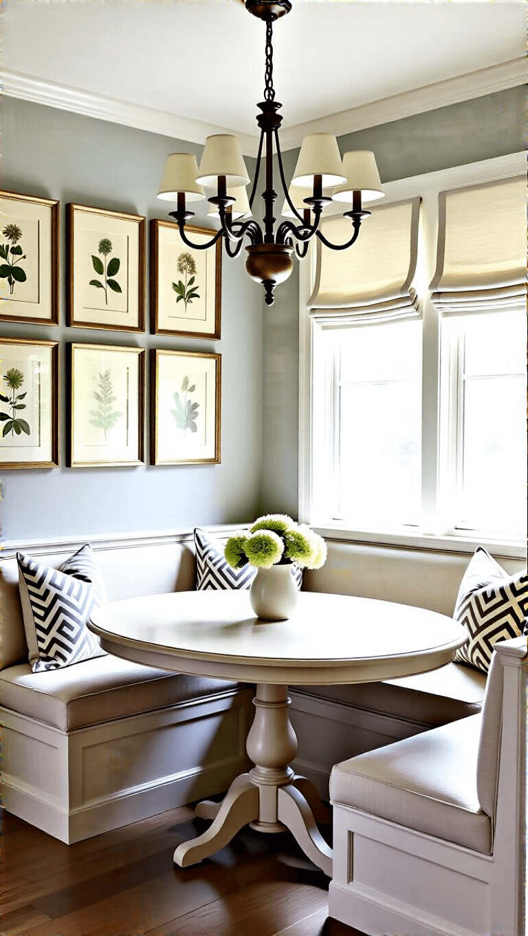 Cozy breakfast area with vintage chandelier, gray tray ceiling, cream banquette seating, chalk-painted oval table, botanical print gallery wall, linen Roman shades, and soft lighting.