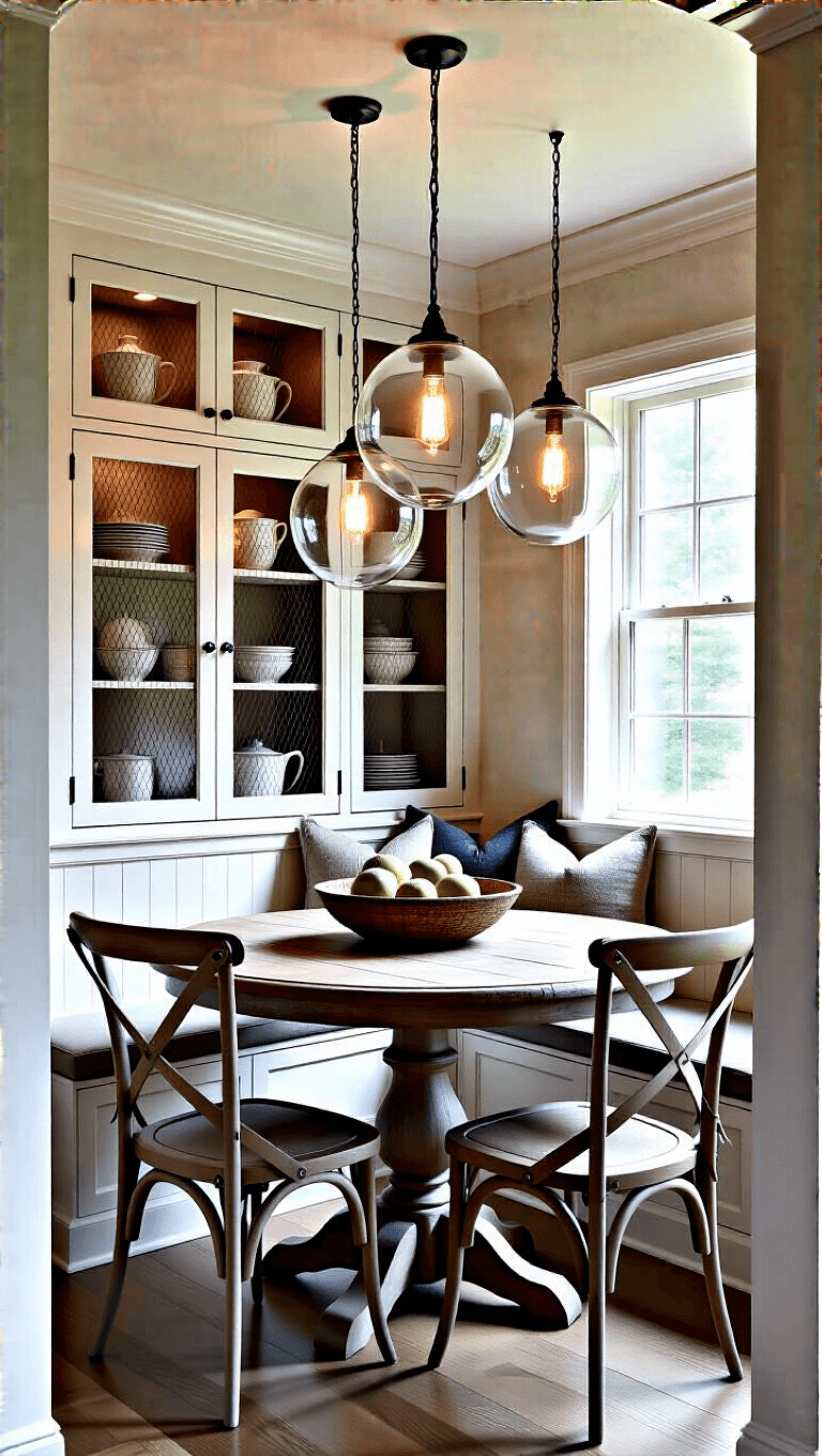 L-shaped dining nook with rustic round table, gray X-back chairs, and oversized glass pendants with Edison bulbs. Features include a white crown molded ceiling and a built-in china cabinet with ironstone collection. Warm dusk lighting creates dramatic shadows and highlights.