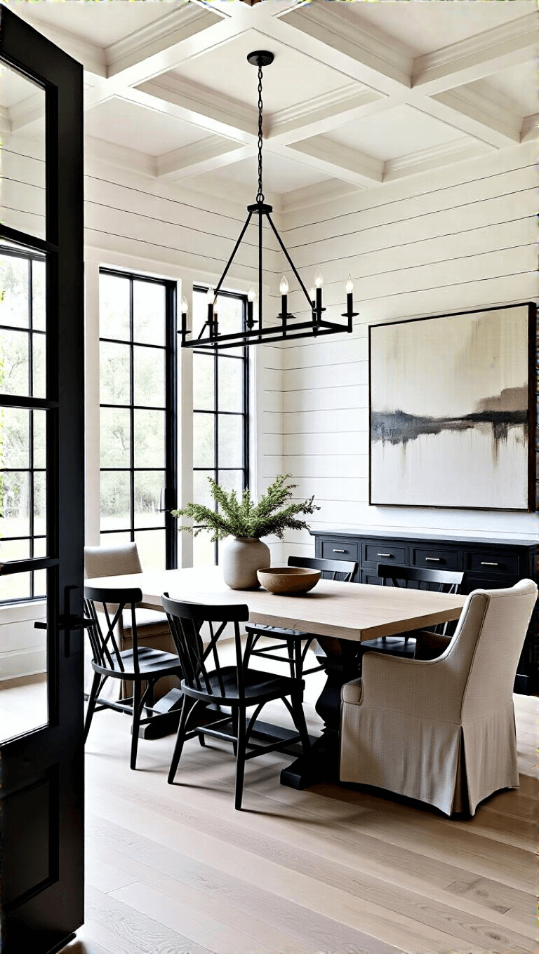 Modern farmhouse dining room with black chandelier, bleached oak table, Windsor and upholstered chairs, black mirror and abstract art on shiplap wall, coffered ceiling, and large windows providing natural light