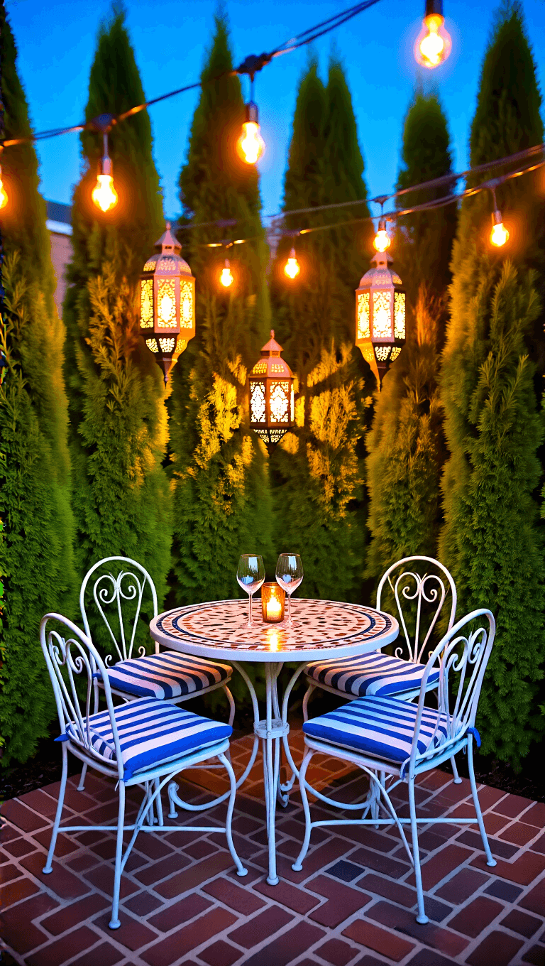 Overhead shot of a cozy bistro corner at twilight featuring mosaic-topped iron table for two, surrounded by 'Green Giant' arborvitae, with crystal wine glasses reflecting warm string light and Moroccan-style lanterns casting intricate shadows.