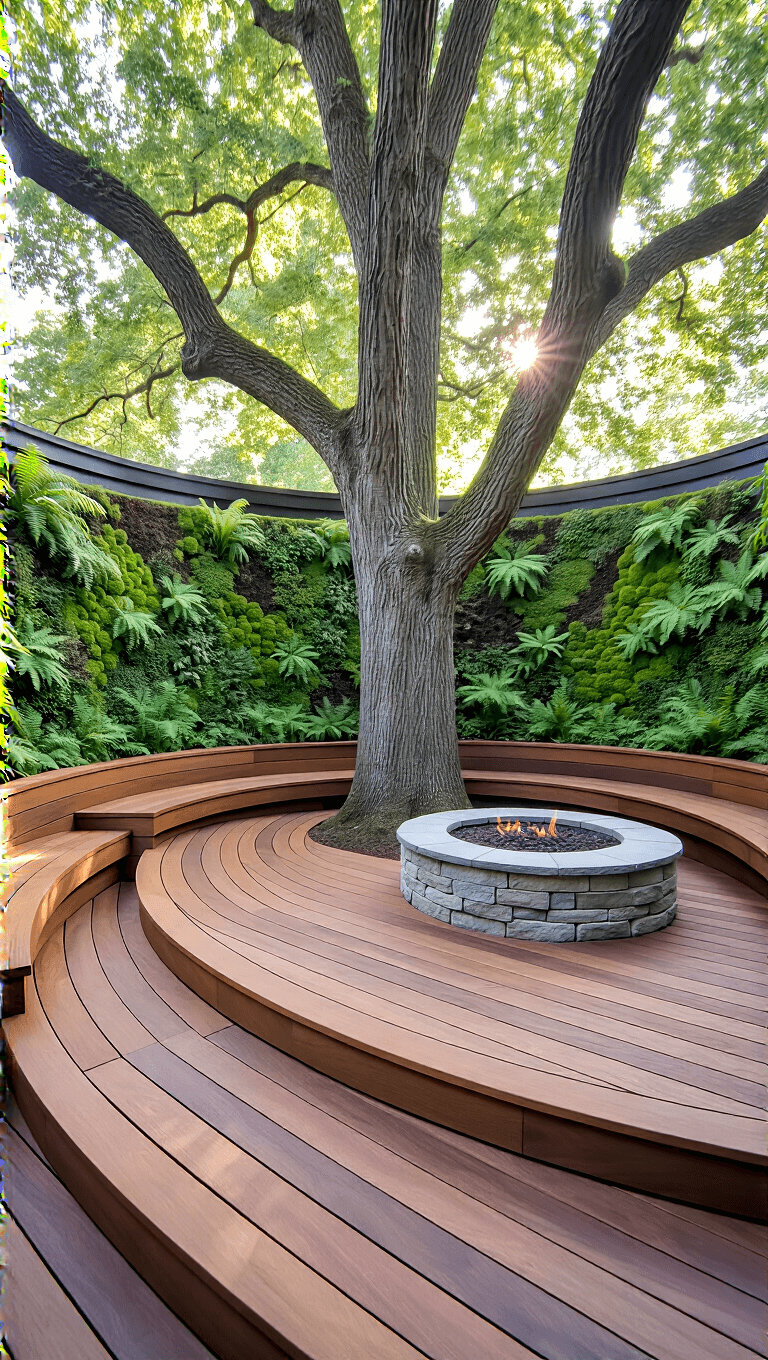 Mid-morning shot of an eco-friendly deck integrating a mature oak tree, featuring a living wall garden, stone fire pit with built-in seating, and organic light effects.
