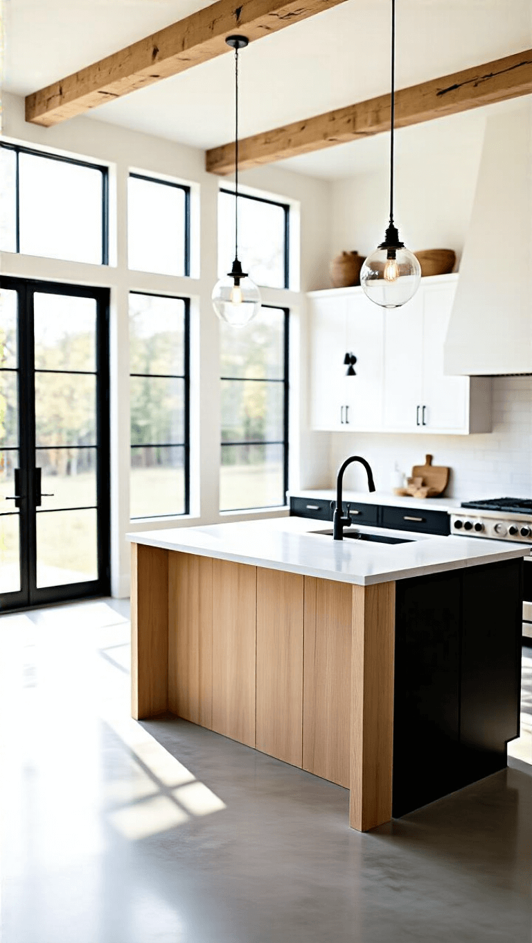 Bright and spacious minimalist modern farmhouse kitchen with a large bleached oak island, black and white cabinetry, and polished concrete floors illuminated by natural afternoon light through steel-framed windows.
