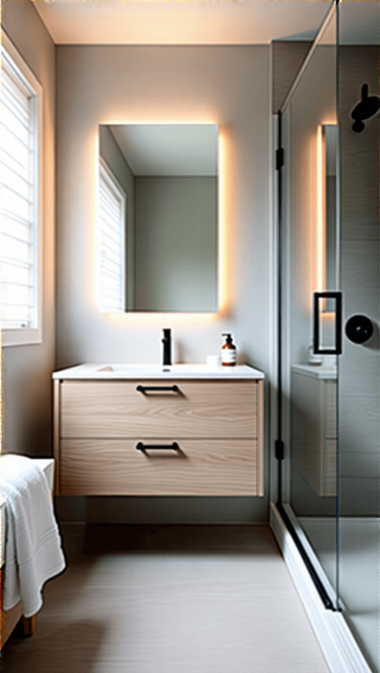 Modern compact bathroom with morning light bathing white oak vanity, frameless glass shower, large mirror with LED-backlit edges, and vertical storage against pale grey walls.