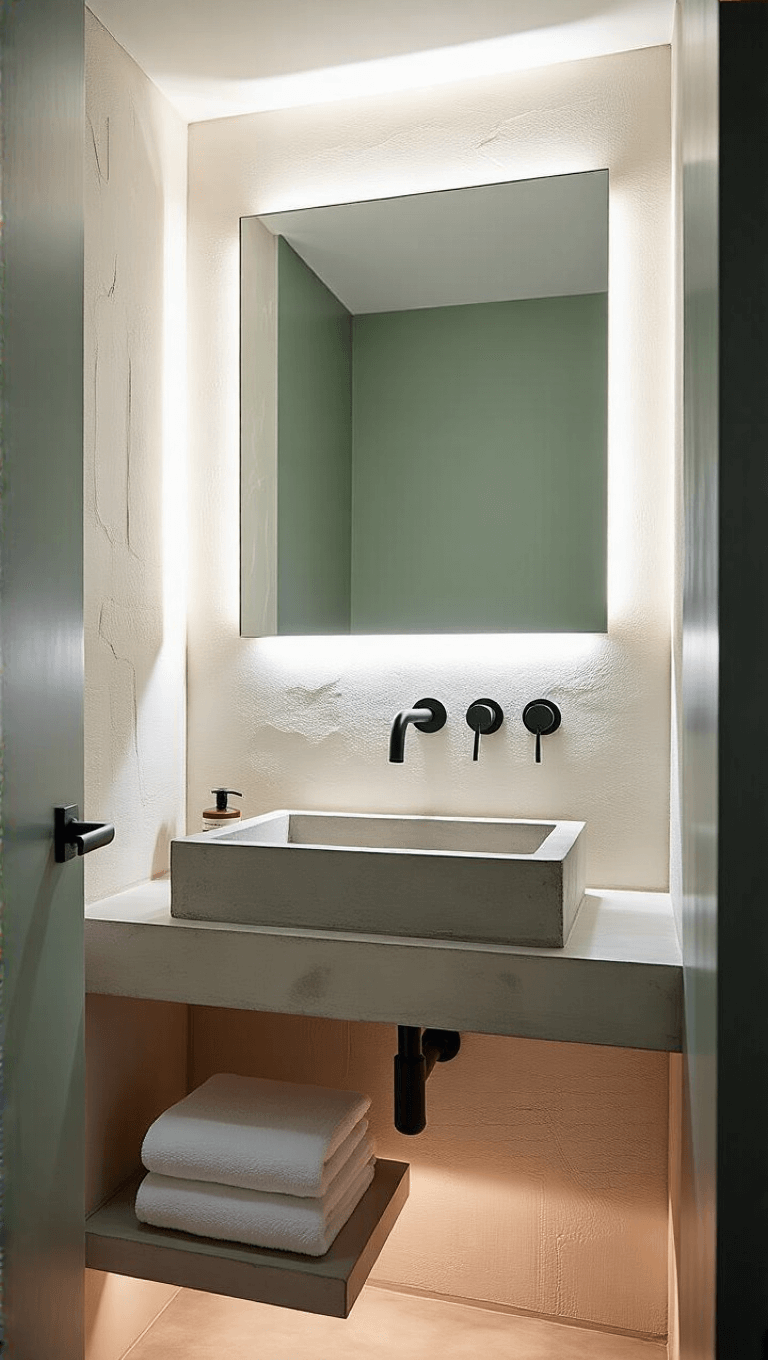 Dramatic evening shot of a small powder room with a floating concrete sink, black faucet, minimal mirror with integrated lighting, sage green accent wall, and sophisticated shadow play from hidden LED strips under floating shelves.