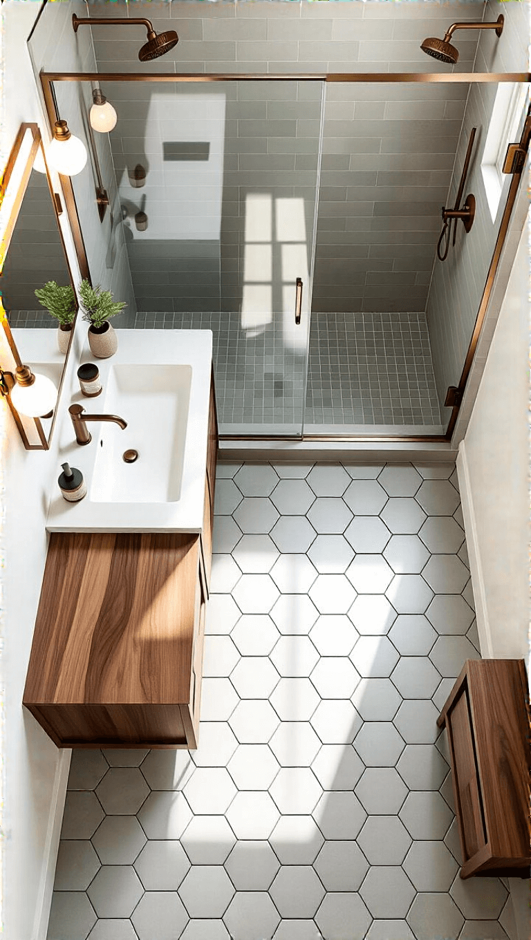 Overhead view of a well-planned 7x5ft bathroom with hexagonal gray floor tiles, a floating walnut vanity, floor-to-ceiling matte white cabinet, and a glass shower panel creating prismatic effects from afternoon sunlight. Warm whites, natural wood, and brass accents color palette.
