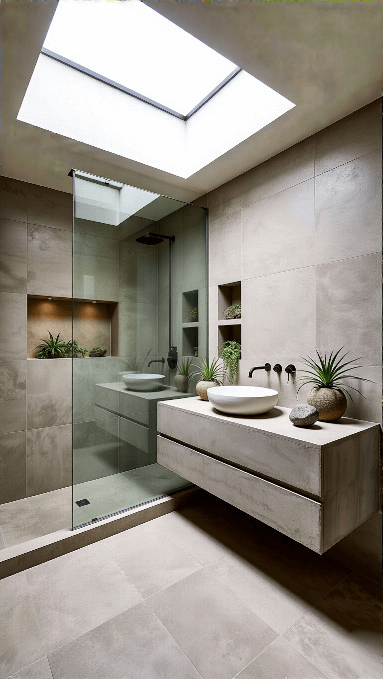 Sunny spa-inspired bathroom with glass shower partition, floating concrete vanity, recessed white shelving, warm grey tiles and minimal décor featuring air plants and stone accessories