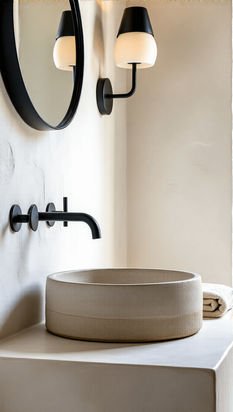 Modern powder room interior featuring a handmade ceramic sink, textured plaster wall, matte black faucet, circular mirror, sconce lighting, and natural linen hand towels shot at f/2.8