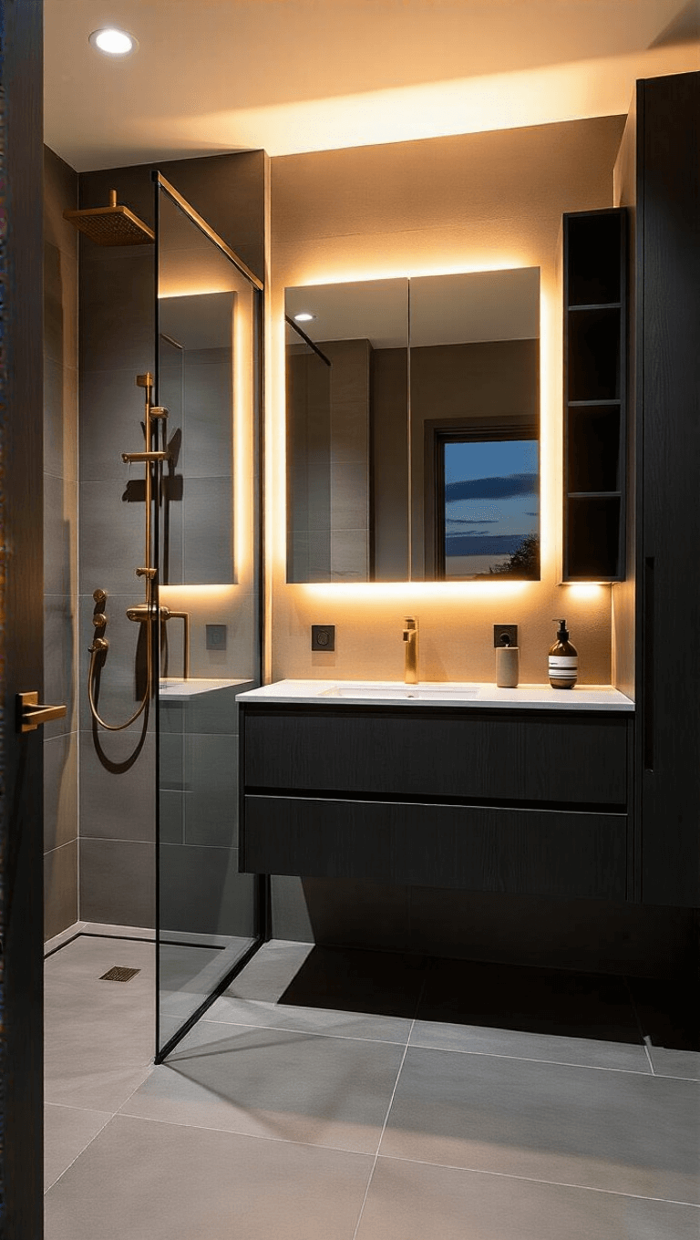 Stylish linear bathroom with LED lighting, floating mirror, wall-mounted vanity, glass shower partition, and large-format tiles at twilight.