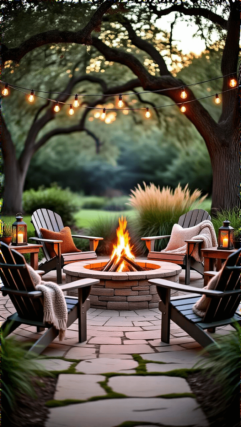 Rustic backyard patio with stone fire pit, weathered Adirondack chairs, vintage lanterns, and string lights swaying between oak trees at golden hour.