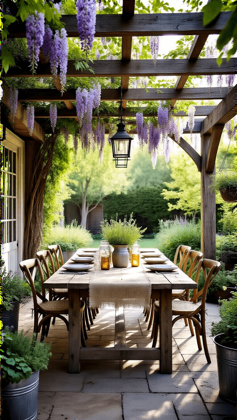Outdoor dining setting beneath a wisteria-covered pergola, featuring a farmhouse-style table, mismatched vintage chairs, and galvanized planters in the late afternoon sun.