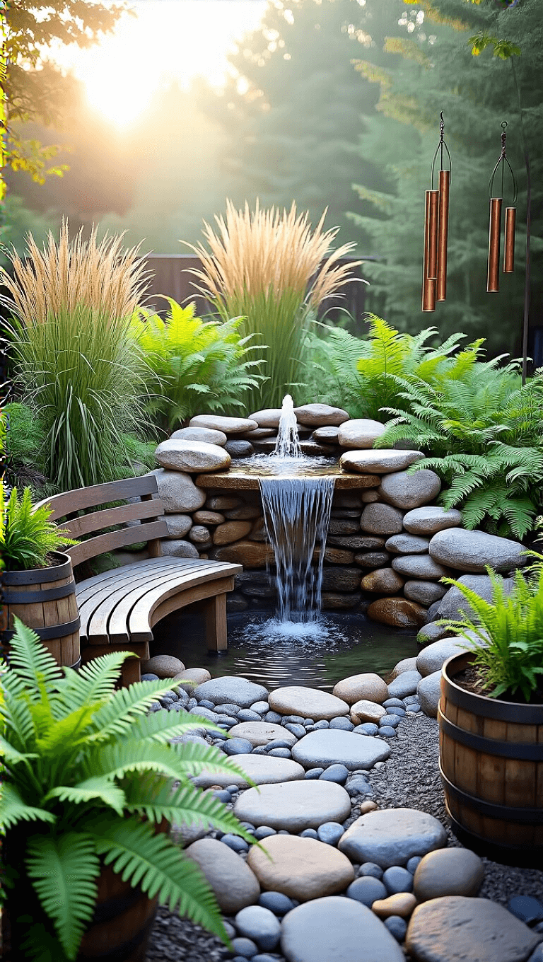 Rustic water garden featuring a stone fountain, river rocks, native ferns, whiskey barrel planters with ornamental grasses, and a wooden bench. The ambiance is enhanced by vintage copper wind chimes, soft morning mist, and a cool color palette.