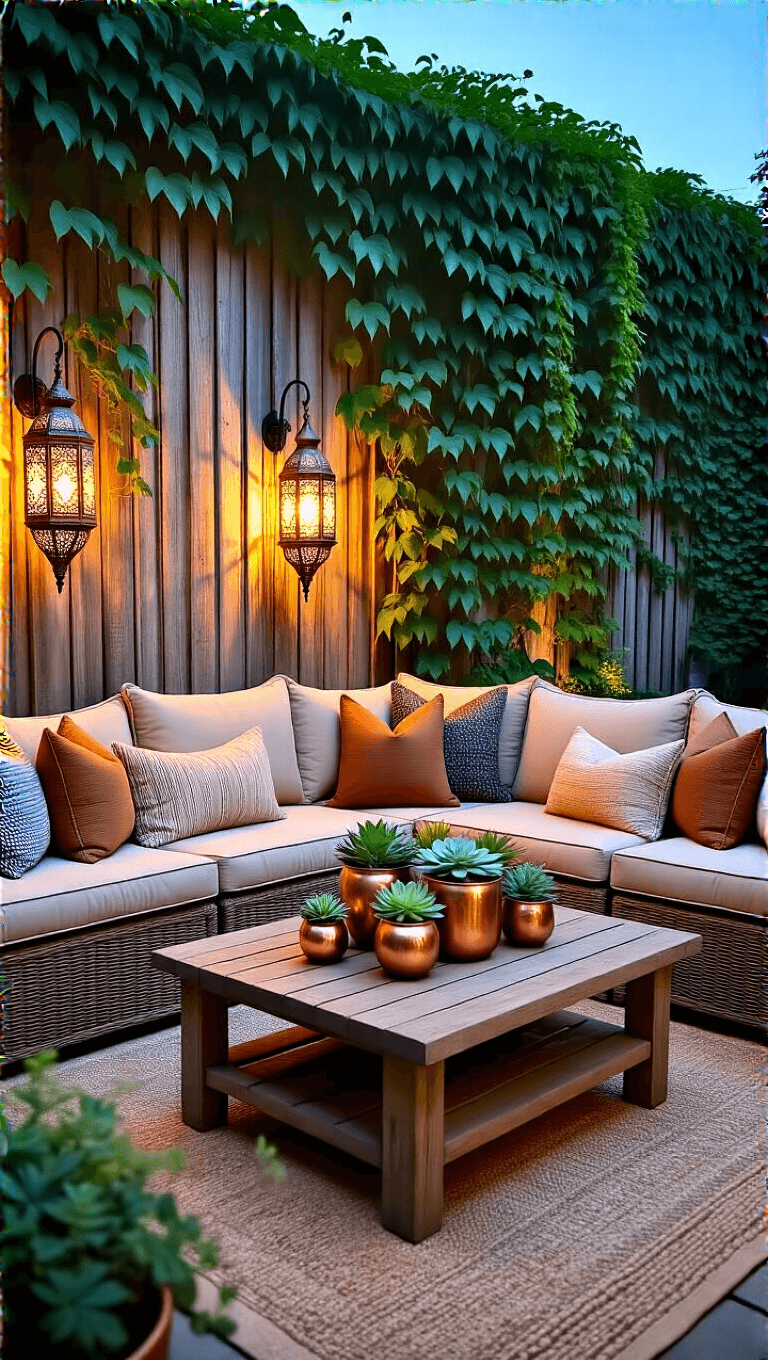 Cozy lounge nook with a deep wicker sectional, textured pillows, a rustic privacy fence, and Moroccan-style lanterns in a twilight setting.