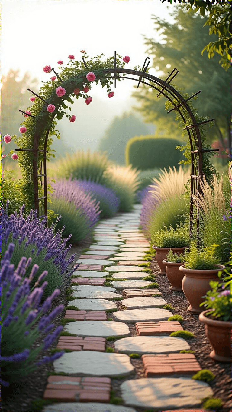 Winding stone pathway lined with lavender and grasses, leading to a vintage metal arch with climbing roses, with dew-kissed herb pots in soft focus foreground.