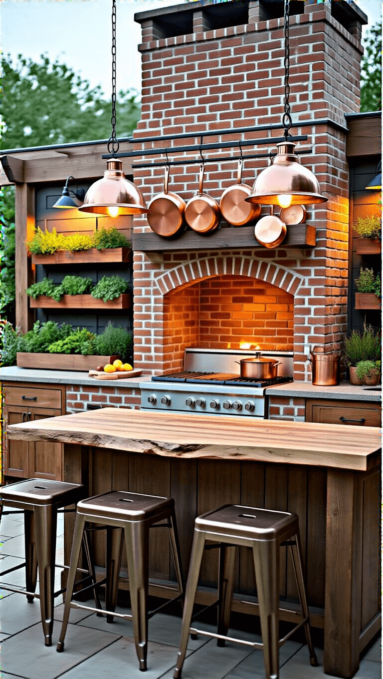 Rustic outdoor kitchen with a reclaimed brick fireplace, wooden prep station, copper pots on iron hooks, vertical herb garden, vintage lighting, stone countertops and a live edge wooden bar with metal stools, in evening lighting for emphasis on warm tones.