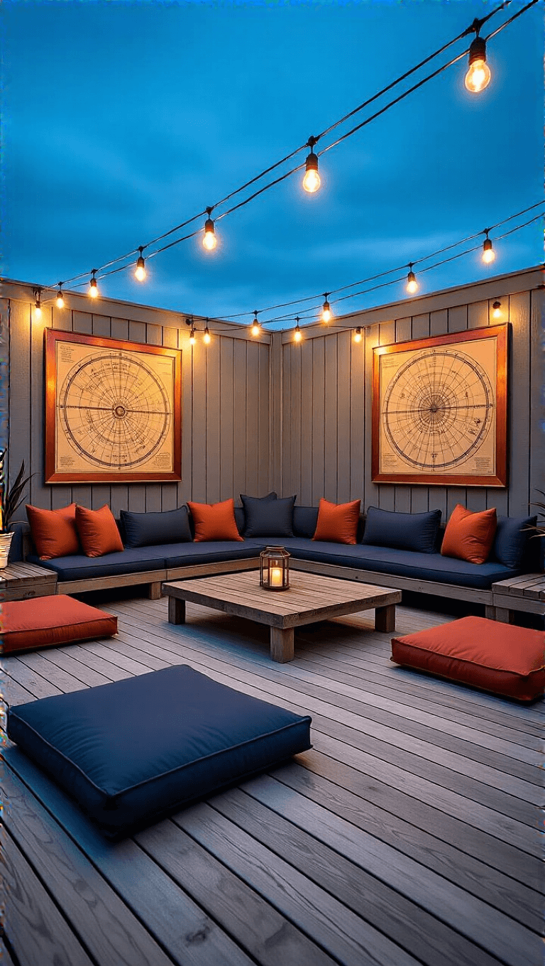 High-angle view of a 20x20ft stargazing deck with weathered grey finish, adorned with oversized indigo and rust-toned cushions, reclaimed wood coffee table, astronomical maps in copper frames, and strung market lights against a blue hour backdrop.