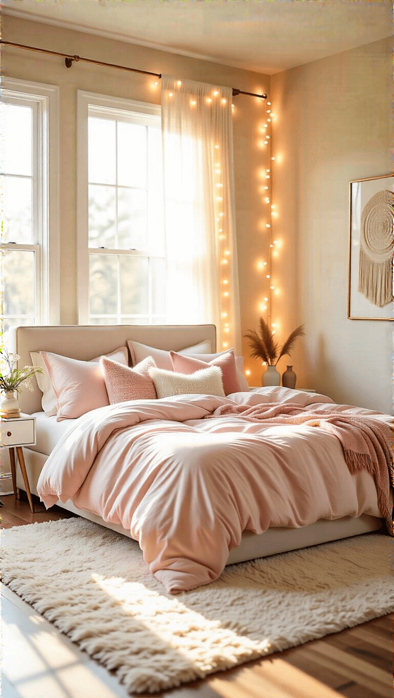 Sunlit, blush pink and brass accented queen bedroom with fairy light canopy and cream rug at golden hour