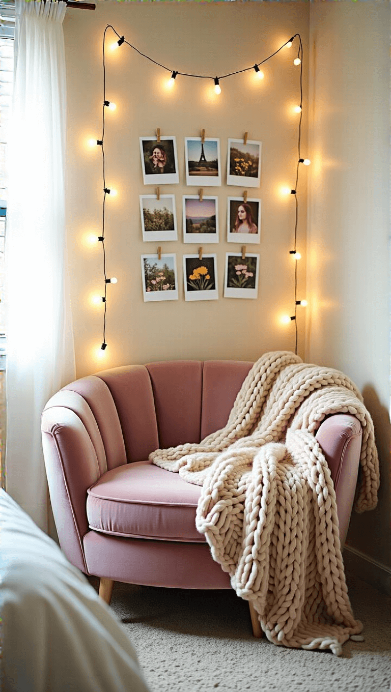 Mid-morning light illuminating a cozy dorm room corner reading nook with a dusty rose velvet chair, chunky oatmeal knit throw, and collage wall of polaroids with pressed flowers framed by string lights.