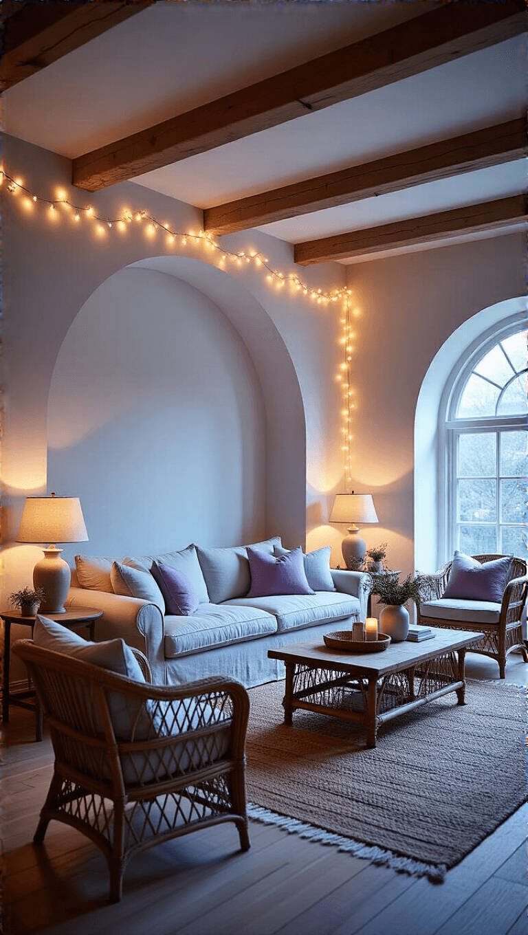 Cozy 15x15' living room with fairy light-decorated beams, warm vintage lamps, and soft LED lighting, featuring mint and lavender furniture during blue hour.