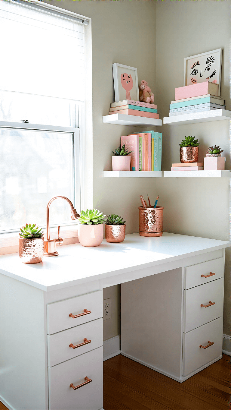 Brightly lit creative corner with white desk, rose gold accessories, succulents, pastel organization tools, and a curated collection of books and art on floating shelves.