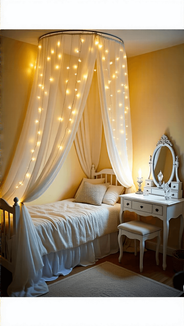 Dusk-lit cozy bedroom with DIY canopy bed adorned with twinkle lights and vintage vanity styled with crystal accessories.