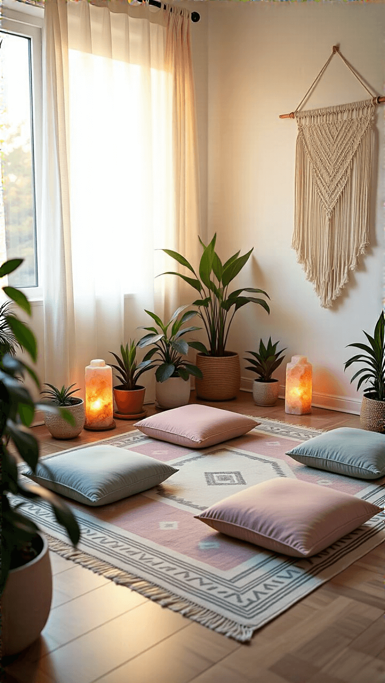 Minimalist meditation corner with pastel floor cushions on geometric rug, surrounded by plants and salt lamps, with a macramé wall art at sunrise