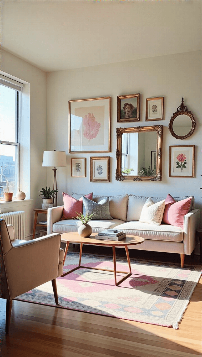 Elevated view of a 14x16' eclectic studio apartment with a gallery wall of thrifted frames, vintage mirrors and personal art, mixed modern and vintage pastel furniture, in soothing late afternoon light.