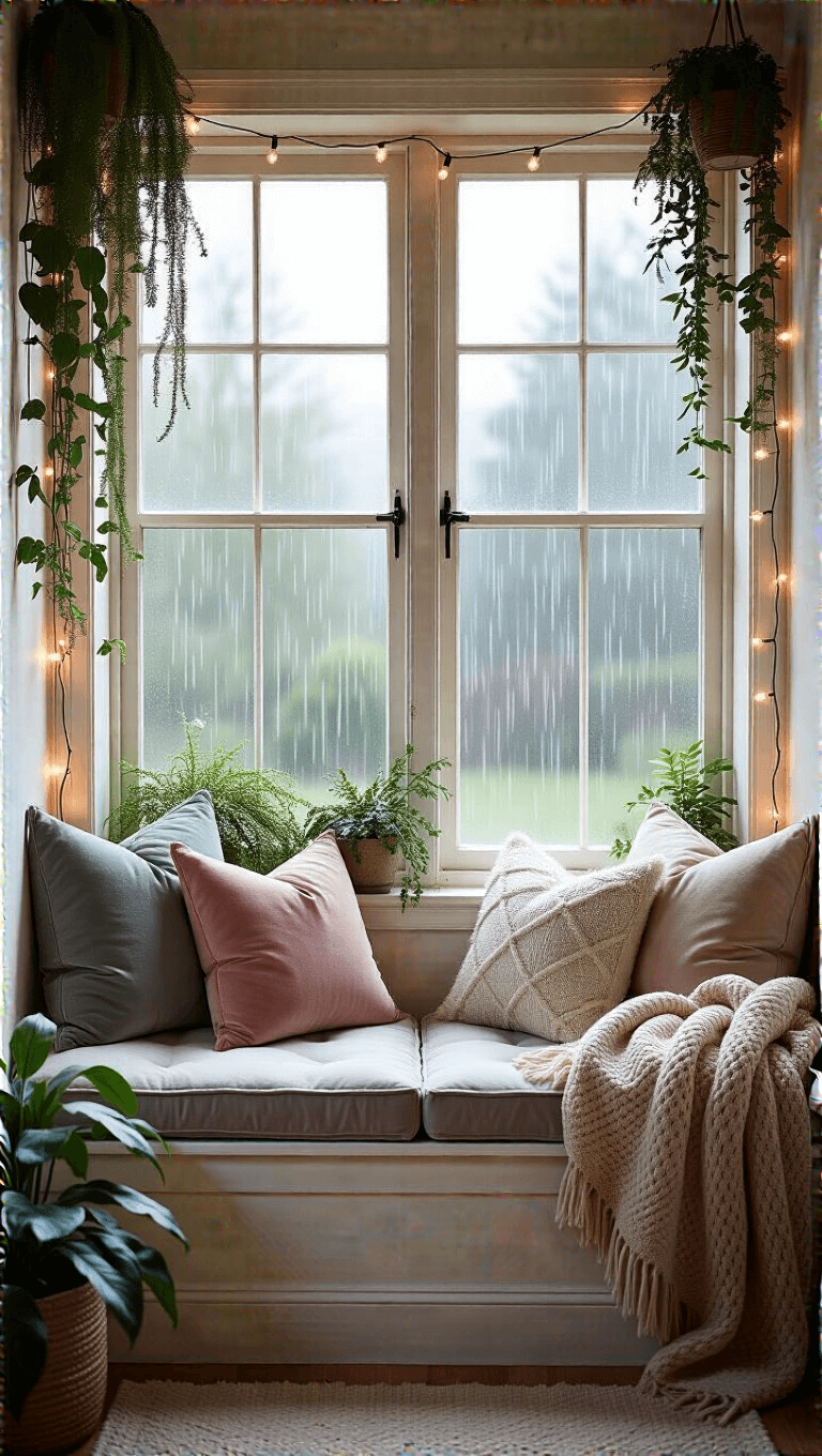 Cozy window seat nook with cushions in soft grays and blush tones, framed by trailing plants and fairy lights, during a gentle morning rain