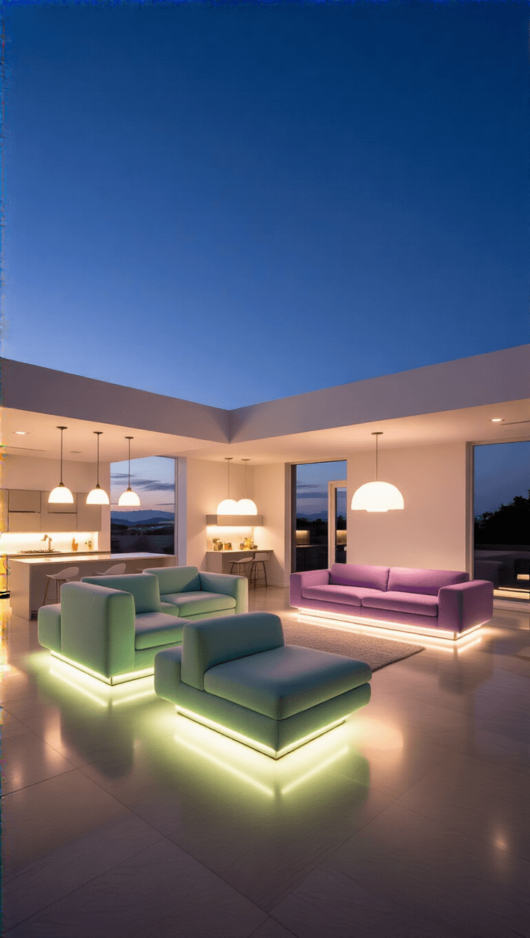 Twilight view of a modern 15x18' open concept space with areas defined by strategic lighting such as pendant lamps, floor lights and LED strips; featuring contemporary furniture in soft mint and lavender textures, shot from a corner with a wide angle lens to display the flow of the space.