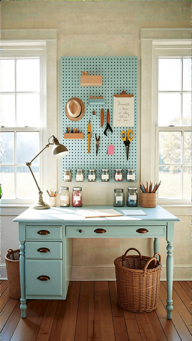 Vintage desk with color-coordinated craft supplies in a sunlit 10x12' craft room with pastel pegboard organizer