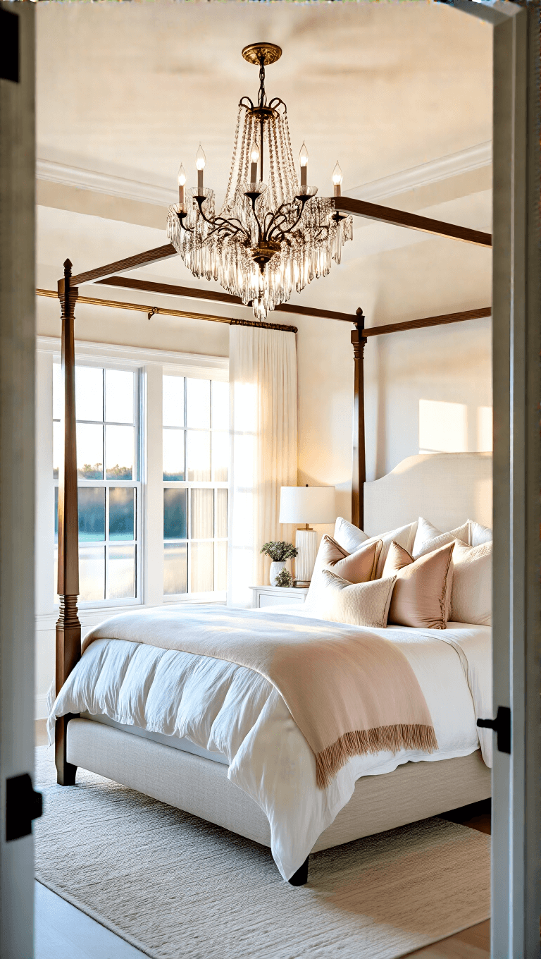 Luxurious primary bedroom with four-poster bed, white and cream linens, blush and gold pillows, and crystal chandelier, illuminated by golden hour light